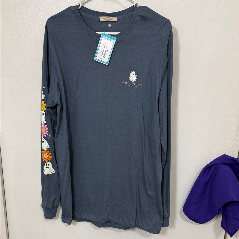 Simply Southern Slate Blue Long-Sleeve Tee with Ghost & Floral Sleeve